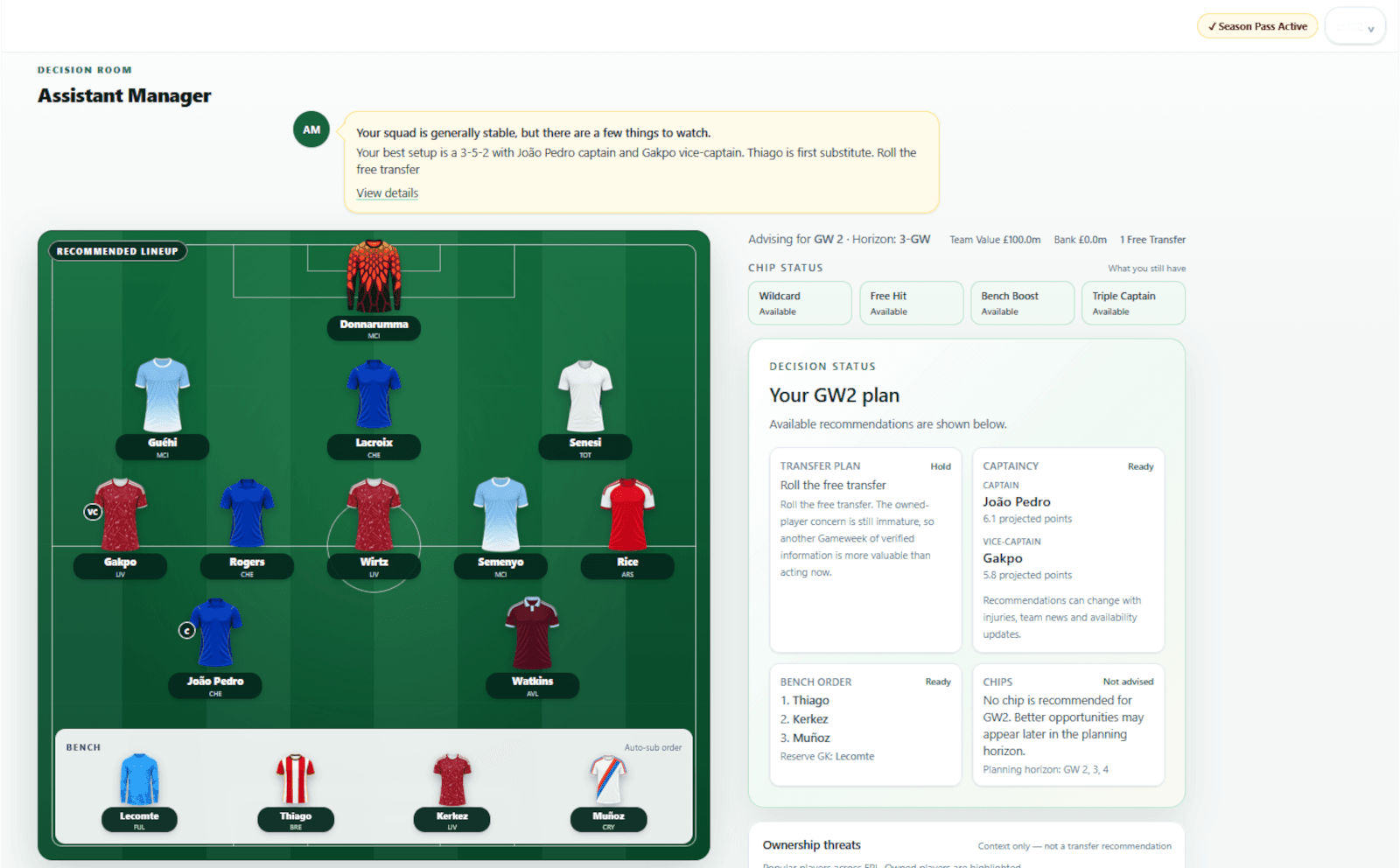 Assistant Manager showing a recommended FPL lineup and Gameweek decision plan