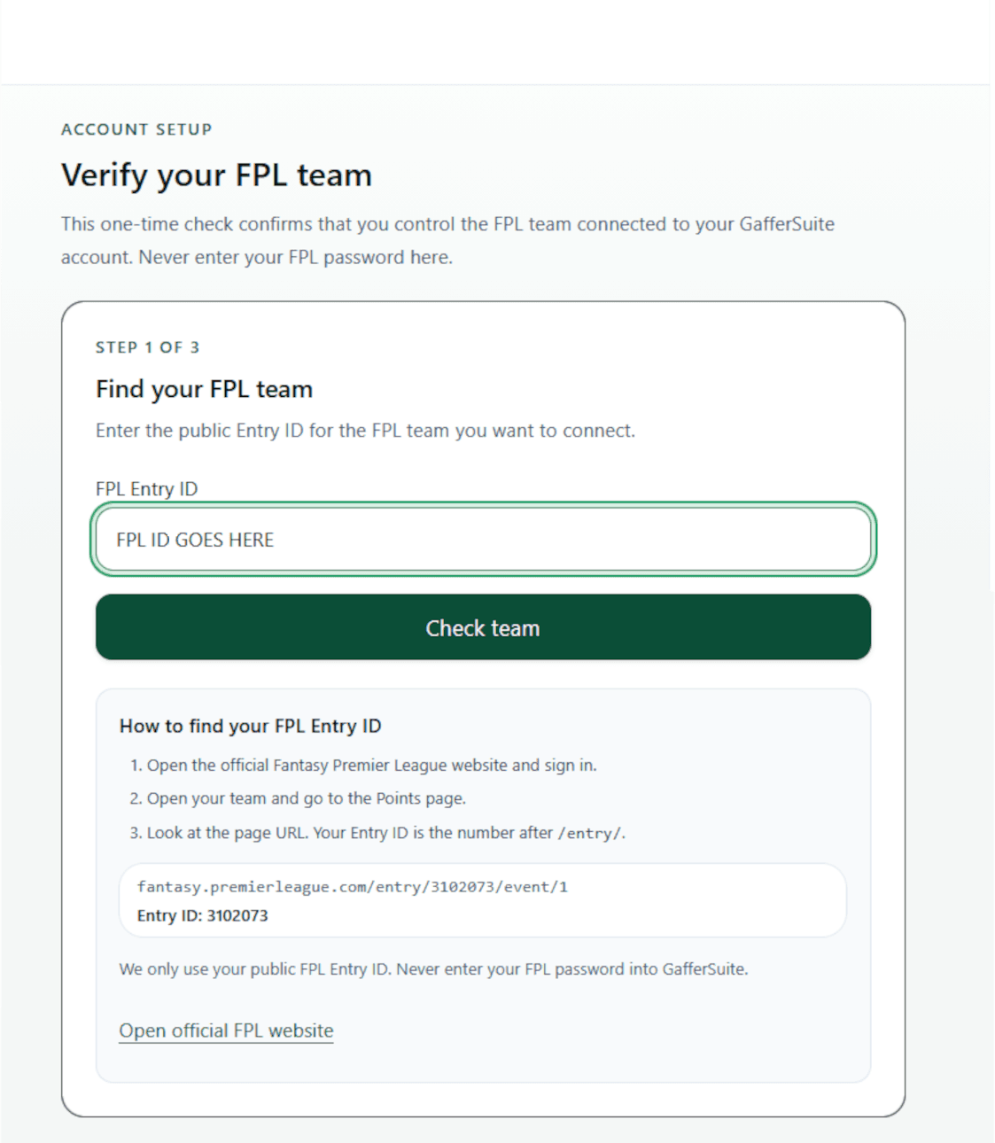 Instructional screenshot for 3. Enter your Entry ID in GafferSuite
