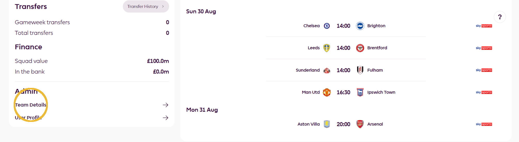 Instructional screenshot for 6. Open Team Details in FPL