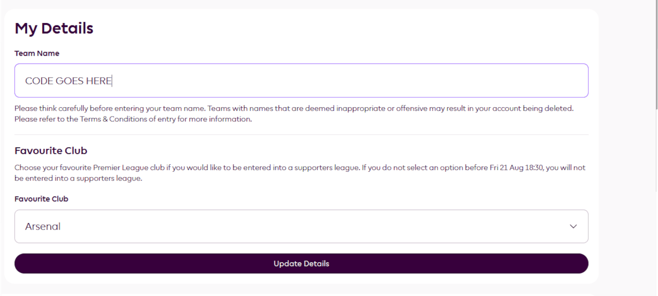Instructional screenshot for 7. Temporarily change your FPL team name